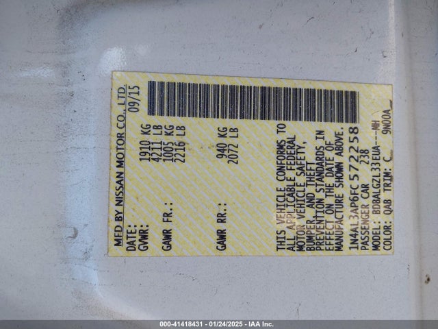 Nissan Altima 2.5 S 2015 1N4AL3AP6FC572258 Image 9