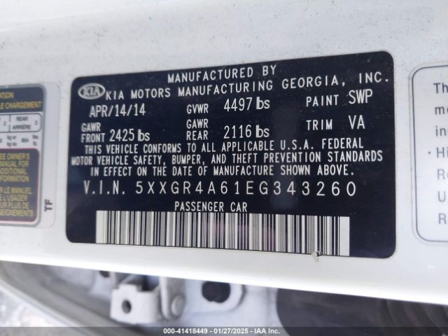 5XXGR4A61EG343260 KIA Optima Sxl Turbo