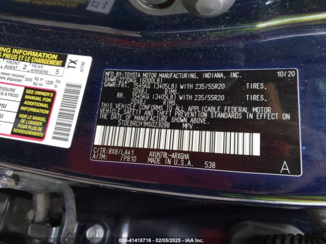 5TDEBRCH1MS023098 Toyota Highlander Hybrid Platinum