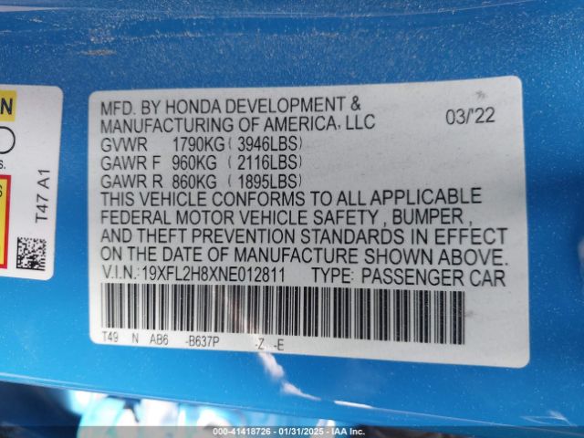 19XFL2H8XNE012811 Honda Civic Sport