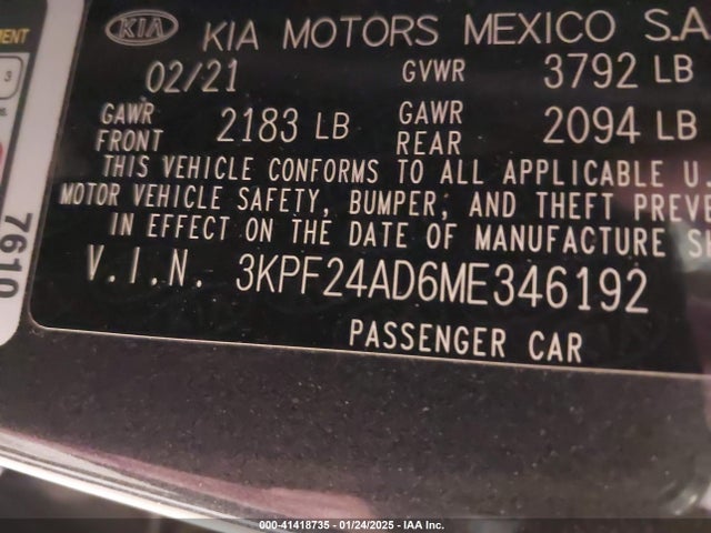 3KPF24AD6ME346192 KIA Forte Lxs