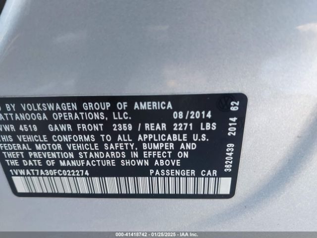 1VWAT7A30FC022274 Volkswagen Passat 1.8t Wolfsburg Edition