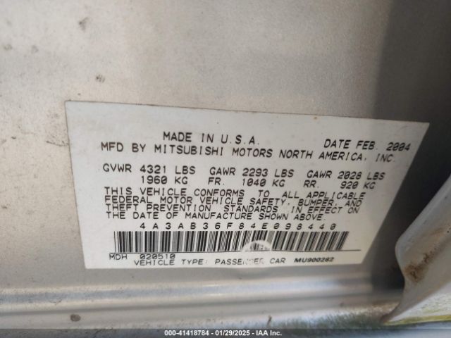 2004 MITSUBISHI GALANT 4A3AB36F84E098440 Photo 8