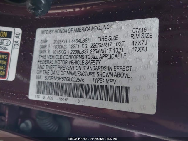 Honda CR-V EX 2016 5J6RM3H57GL022576 Image 9