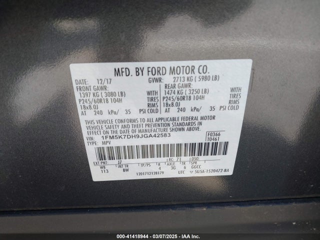1FM5K7DH9JGA42583 Ford EXPLORER XLT