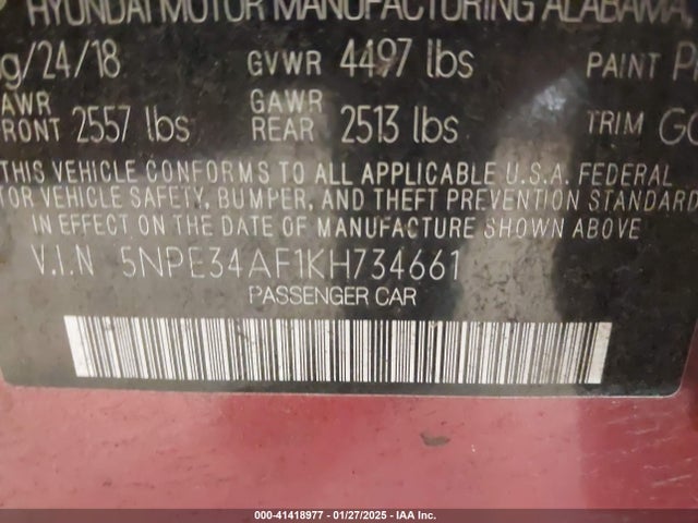 5NPE34AF1KH734661 Hyundai Sonata Limited
