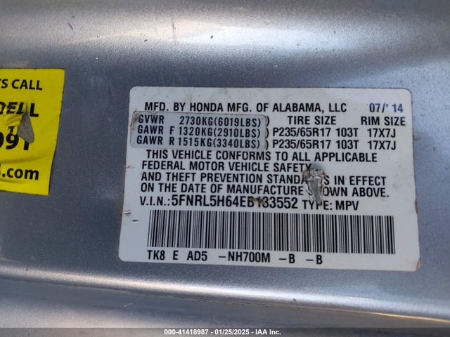 5FNRL5H64EB133552 Honda Odyssey Ex-l