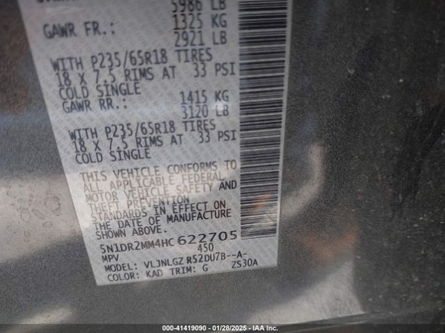 5N1DR2MM4HC622705 Nissan Pathfinder Sl