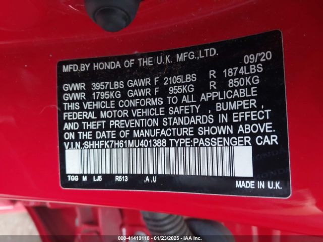 SHHFK7H61MU401388 Honda CIVIC EX