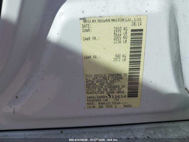 1N4AL3AP8FN333654 Nissan Altima 2.5/2.5 S/2.5 Sl/2.5 Sv