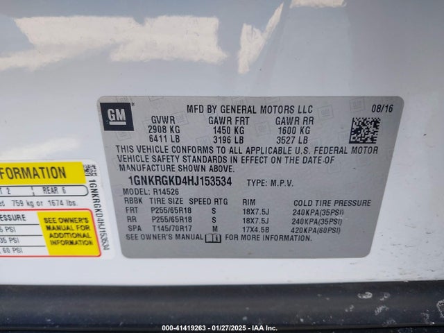 1GNKRGKD4HJ153534 Chevrolet Traverse 1lt