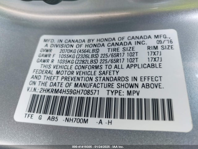 Honda CR-V EX 2016 2HKRM4H59GH708571 Image 9