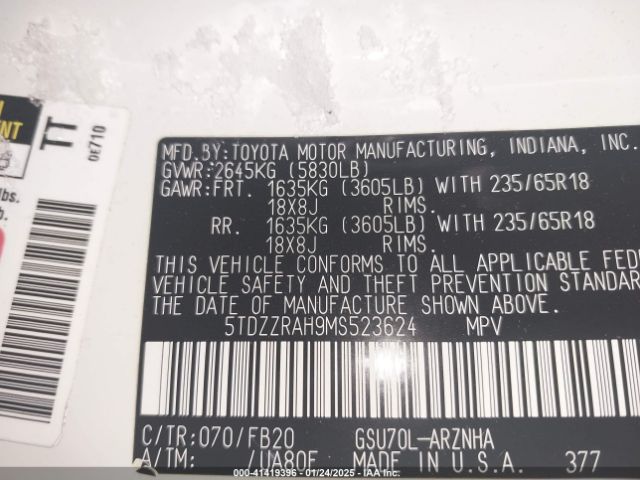 5TDZZRAH9MS523624 Toyota Highlander Le