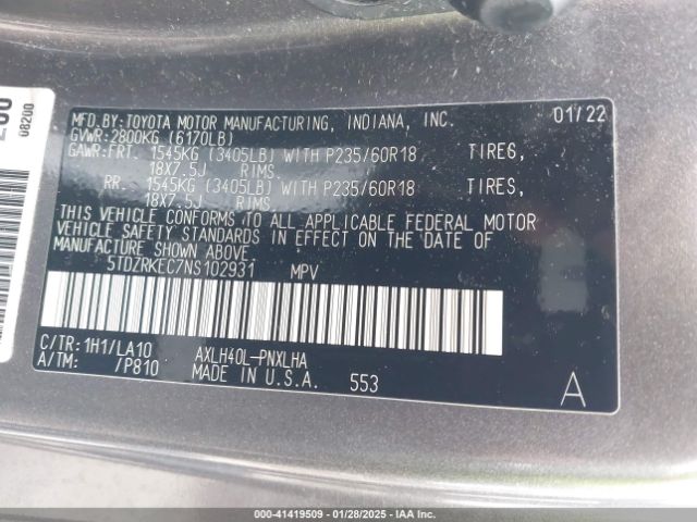 5TDZRKEC7NS102931 Toyota Sienna Limited