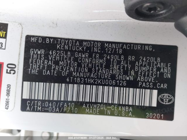 4T1B31HK2KU006126 Toyota Camry Hybrid Le