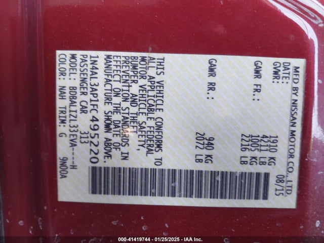 Nissan Altima 2.5 Sv 2015 1N4AL3AP1FC495220 Image 9