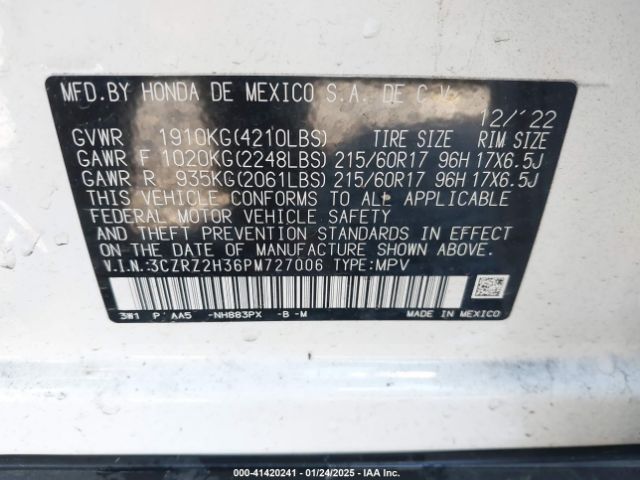 3CZRZ2H36PM727006 Honda Hr-v Awd Lx
