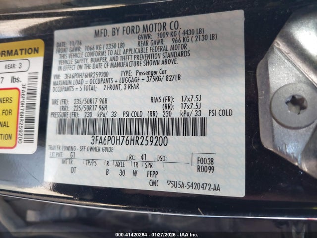 Ford FUSION SE 2017 3FA6P0H76HR259200 Image 9