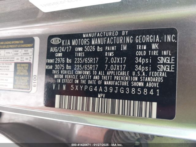 5XYPG4A39JG385841 KIA Sorento 2.4l L