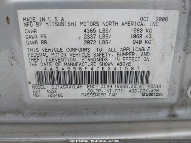 2007 MITSUBISHI GALANT 4A3AB56F47E041507 Photo 8