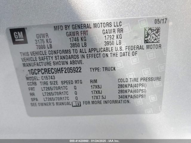 1GCPCREC9HF205922 Chevrolet Silverado 1500 1lt
