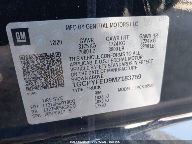1GCPYFED9MZ183759 Chevrolet Silverado 1500 4wd  Short Bed Lt Trail Boss