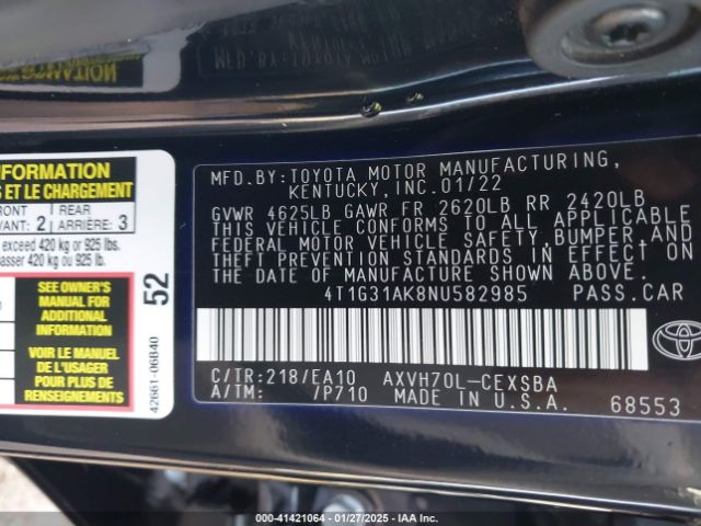 4T1G31AK8NU582985 Toyota Camry Se Hybrid
