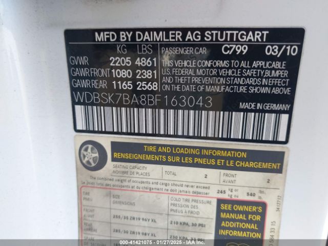 2011 MERCEDES-BENZ SL 550 WDBSK7BA8BF163043 Photo 8