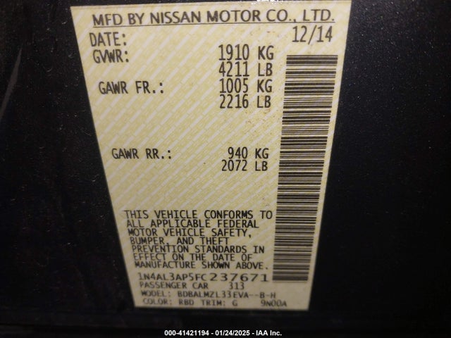 Nissan Altima 2.5 Sv 2015 1N4AL3AP5FC237671 Image 9