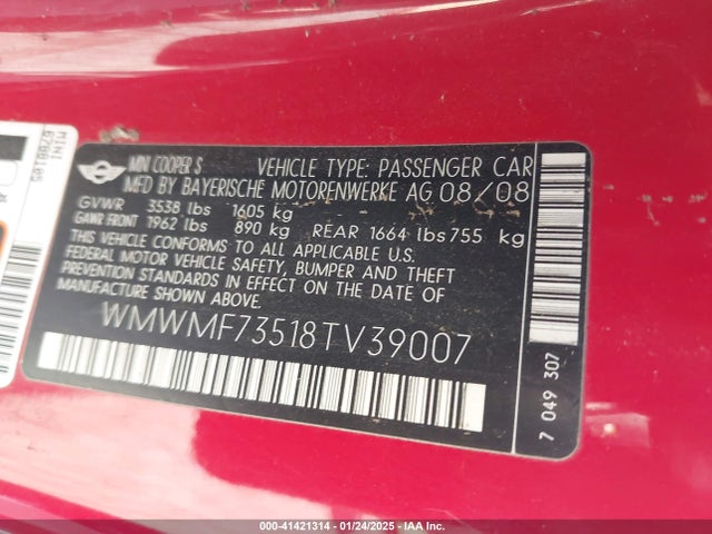 2008 MINI COOPER S WMWMF73518TV39007 Photo 8