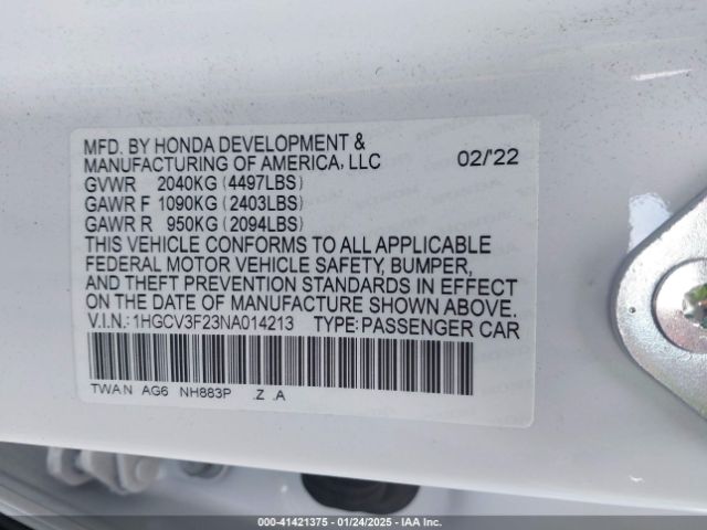 1HGCV3F23NA014213 Honda Accord Hybrid Sport
