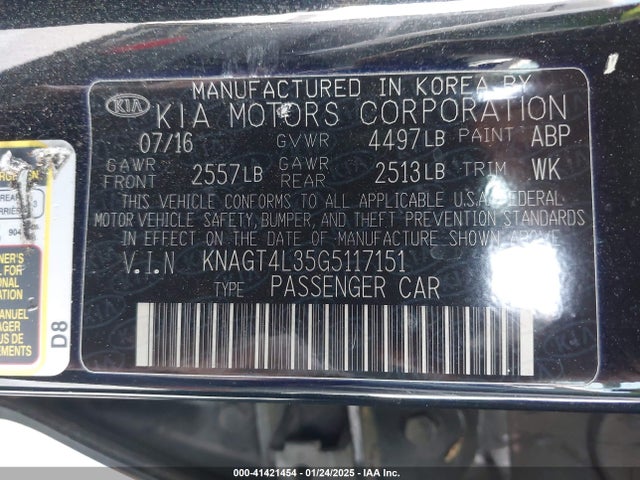 2016 Kia Optima Lx მანქანა იყიდება აუქციონზე, vin: KNAGT4L35G5117151, აუქციონის ნომერი: 41421454