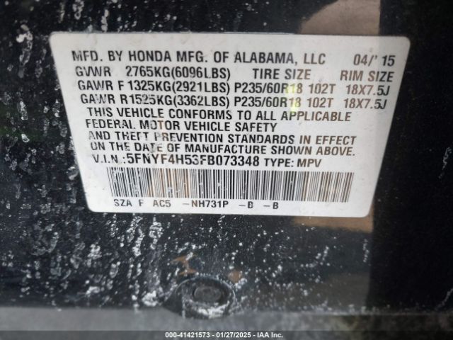 5FNYF4H53FB073348 Honda Pilot Ex-l