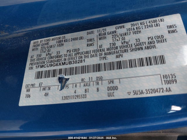 1FMCU9G6XMUB30281 Ford ESCAPE SE