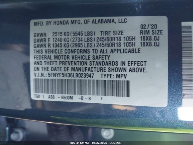 Honda j35y6 2020 5FNYF5H36LB023947 Image 9