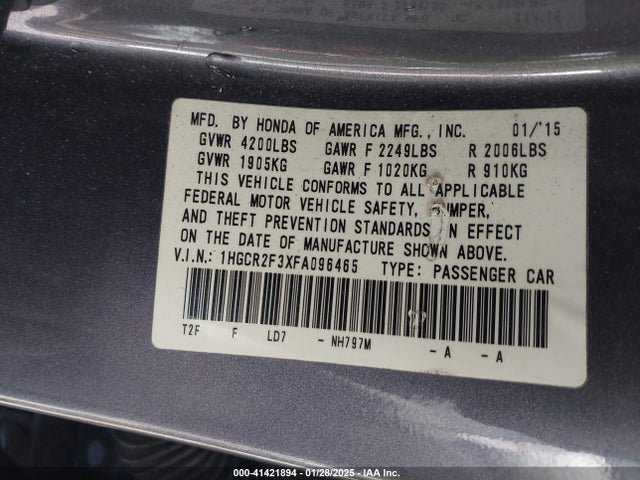 Honda ACCORD LX 2015 1HGCR2F3XFA096465 Image 9