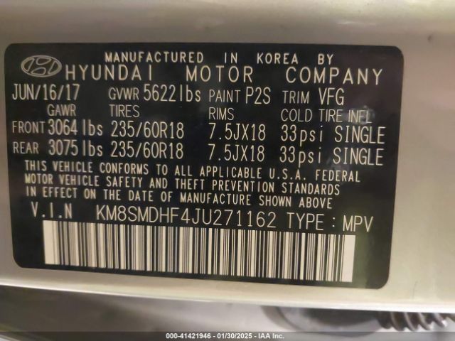 KM8SMDHF4JU271162 Hyundai Santa Fe Se