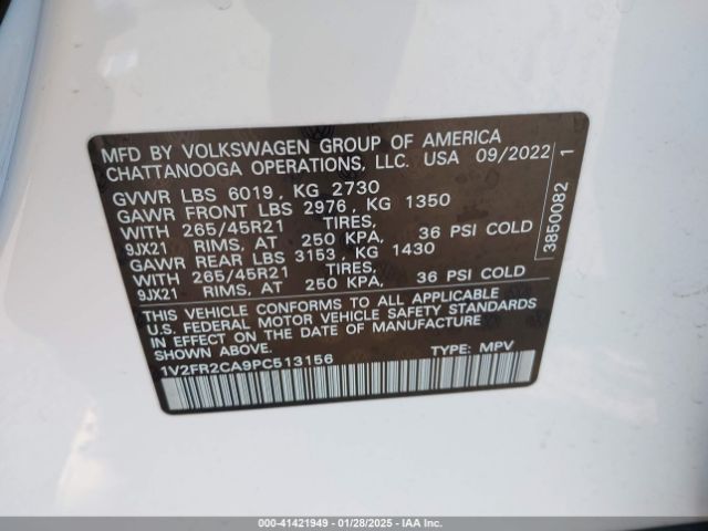 1V2FR2CA9PC513156 Volkswagen Atlas 3.6l V6 Sel Premium R-line
