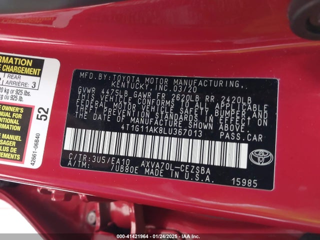 Toyota CAMRY SE 2020 4T1G11AK8LU367013 Image 9