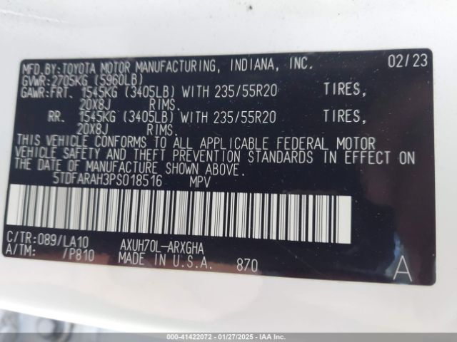 5TDFARAH3PS018516 Toyota Highlander Hybrid Platinum