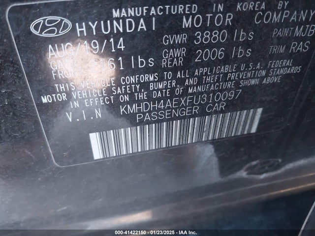 Hyundai ELANTRA SE 2015 KMHDH4AEXFU310097 Image 9