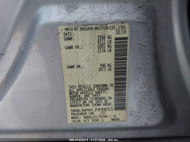 1N4AL3APXFC204651 Nissan Altima 2.5 Sv
