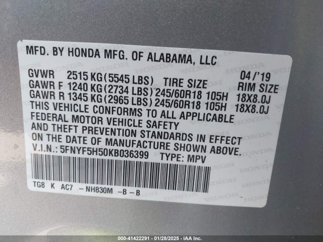 Honda Pilot Ex-l 2019 5FNYF5H50KB036399 Image 9