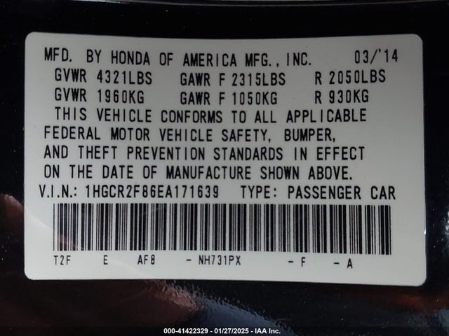 1HGCR2F86EA171639 Honda Accord Ex-l