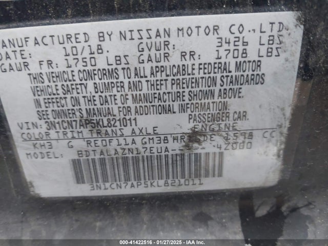 3N1CN7AP5KL821011 Nissan Versa 1.6 S+