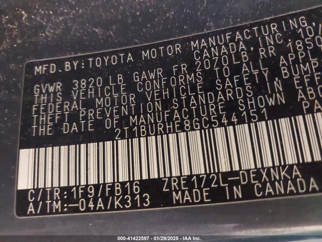 2T1BURHE8GC544151 Toyota COROLLA LE