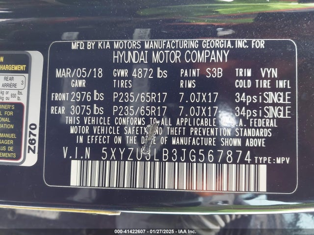 5XYZU3LB3JG567874 Hyundai Santa Fe Sport 2.4l