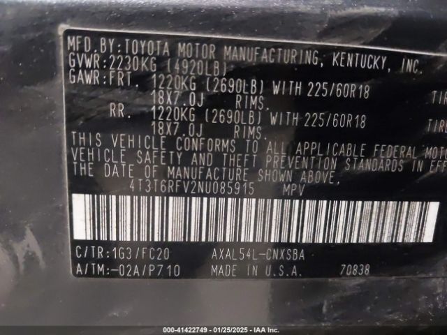4T3T6RFV2NU085915 Toyota Rav4 Hybrid Se