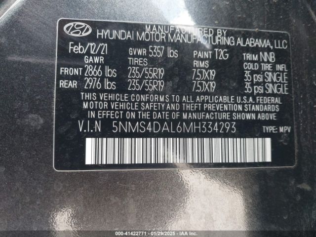 5NMS4DAL6MH334293 Hyundai Santa Fe Limited