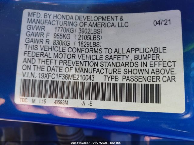 2021 HONDA CIVIC 19XFC1F36ME210043 Photo 8